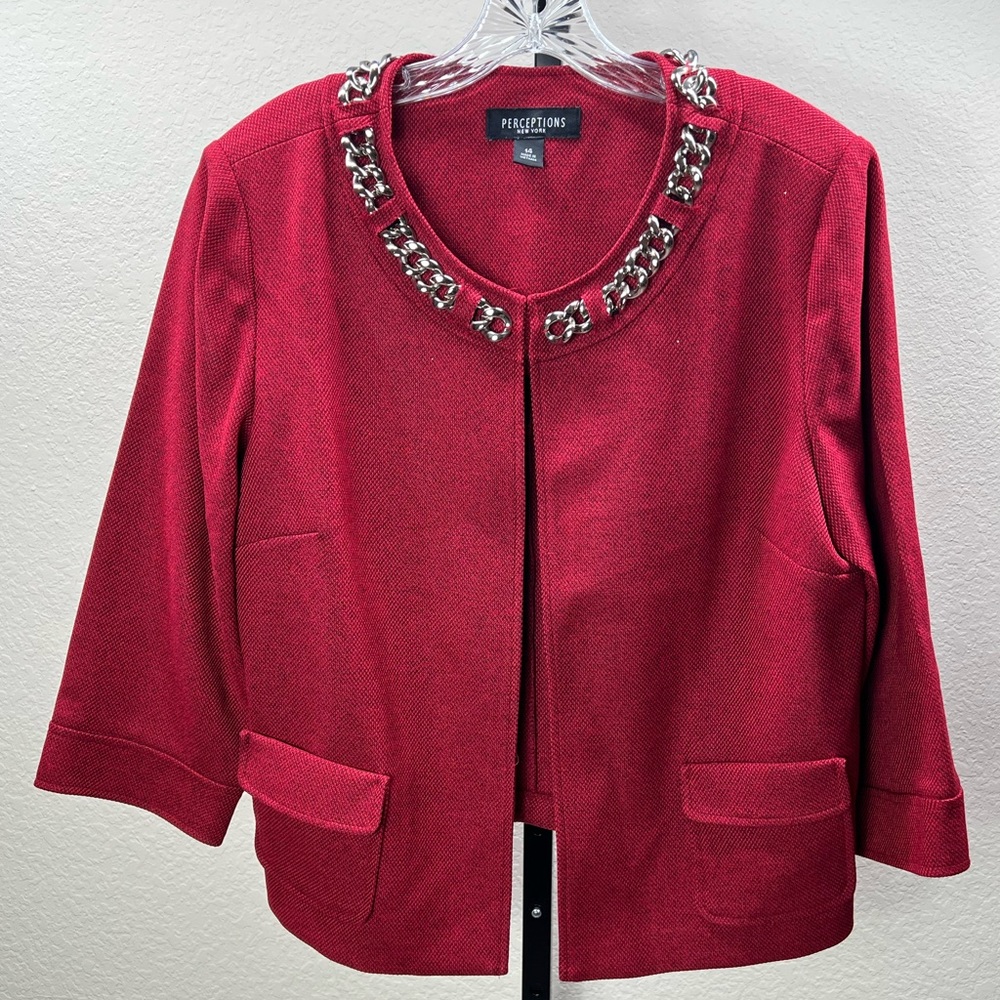 90s Tomato Red Blazer Plus Size Boxy Fit Silver Chain Collar Power Jacket Office